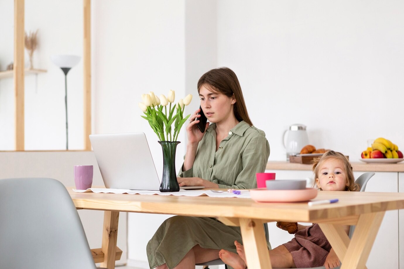 woman working with child